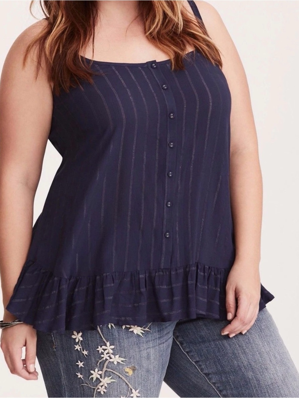 Torrid Navy Blue Lurex Striped Ruffle Button-Front Cami Top Plus Size